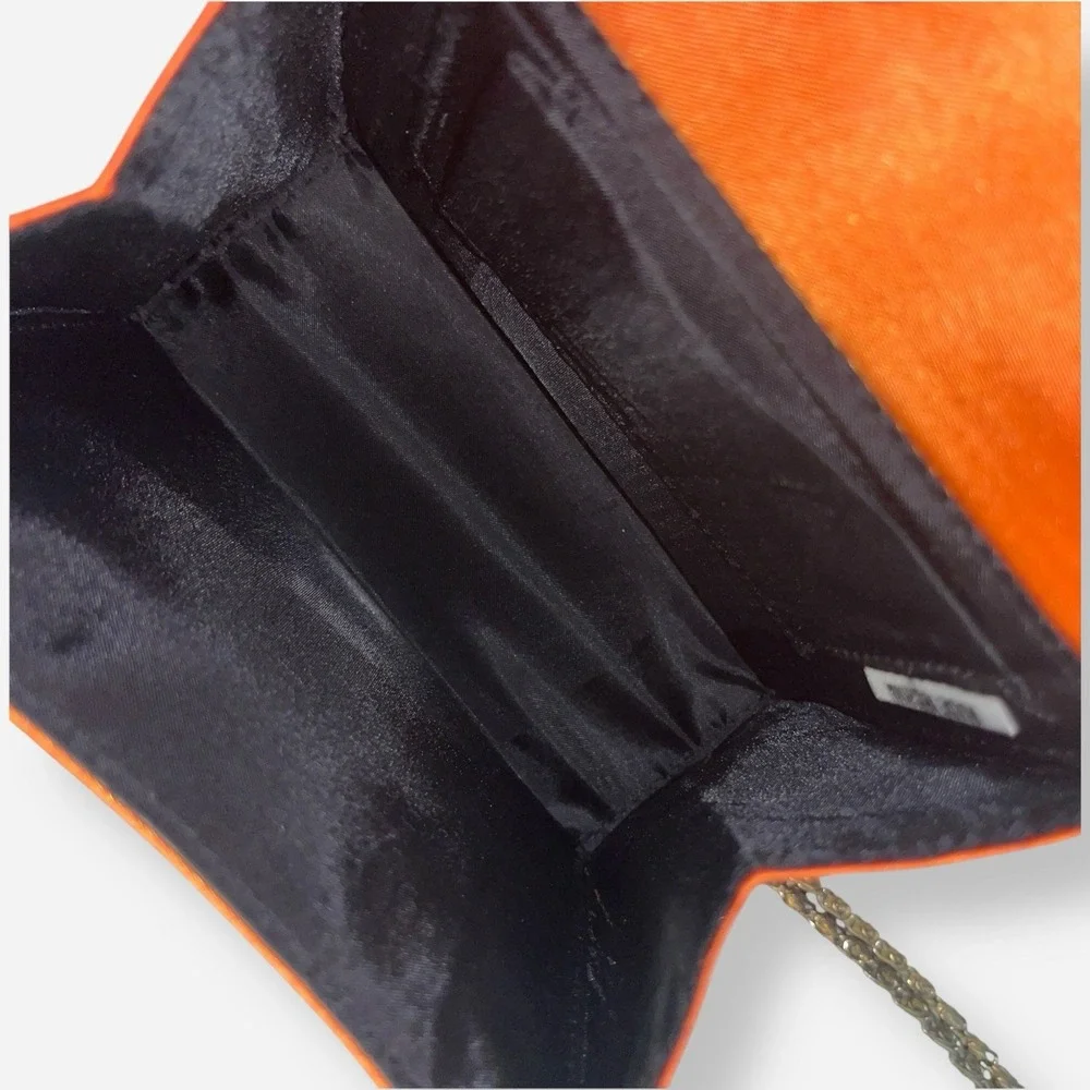 Vintage Satin Clutch Evening Bag Silk Orange Gold Chain‎ Crossbody Clutch